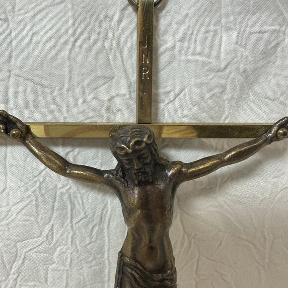 Vintage Brass Wall Crucifix Religious Jesus On Cross 10" INRI Inscription - Picture 2 of 6